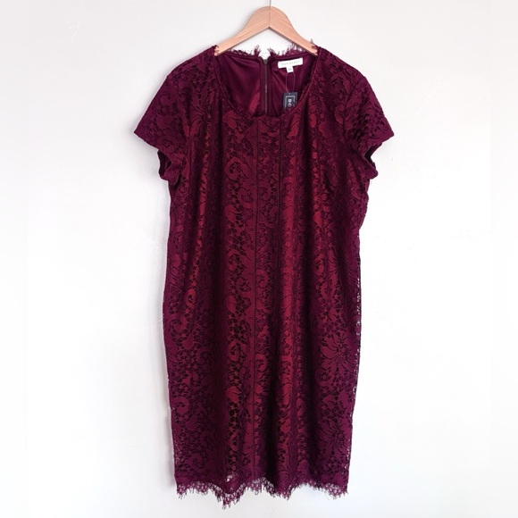DownEast 2XL Burgundy Lace Knee Length Dress Touch of Luze Maroon Plus Size - Picture 1 of 6